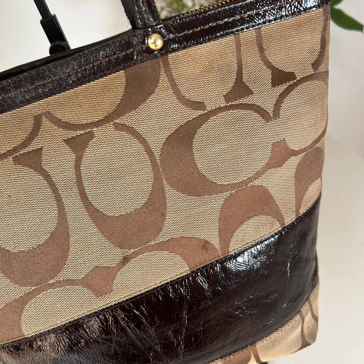 Coach Brown Monogram and Leather Stripe Handbag G0868-12429