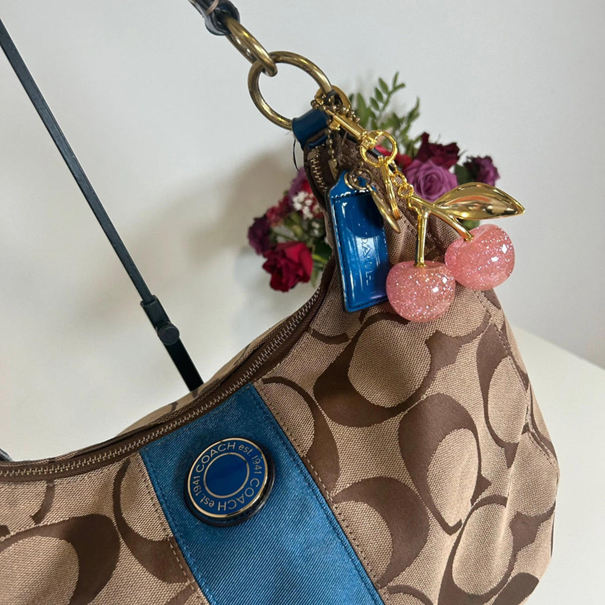 Coach Half Moon Hobo Beige Monogram Shoulder Bag With Blue Accent M1295-H19281