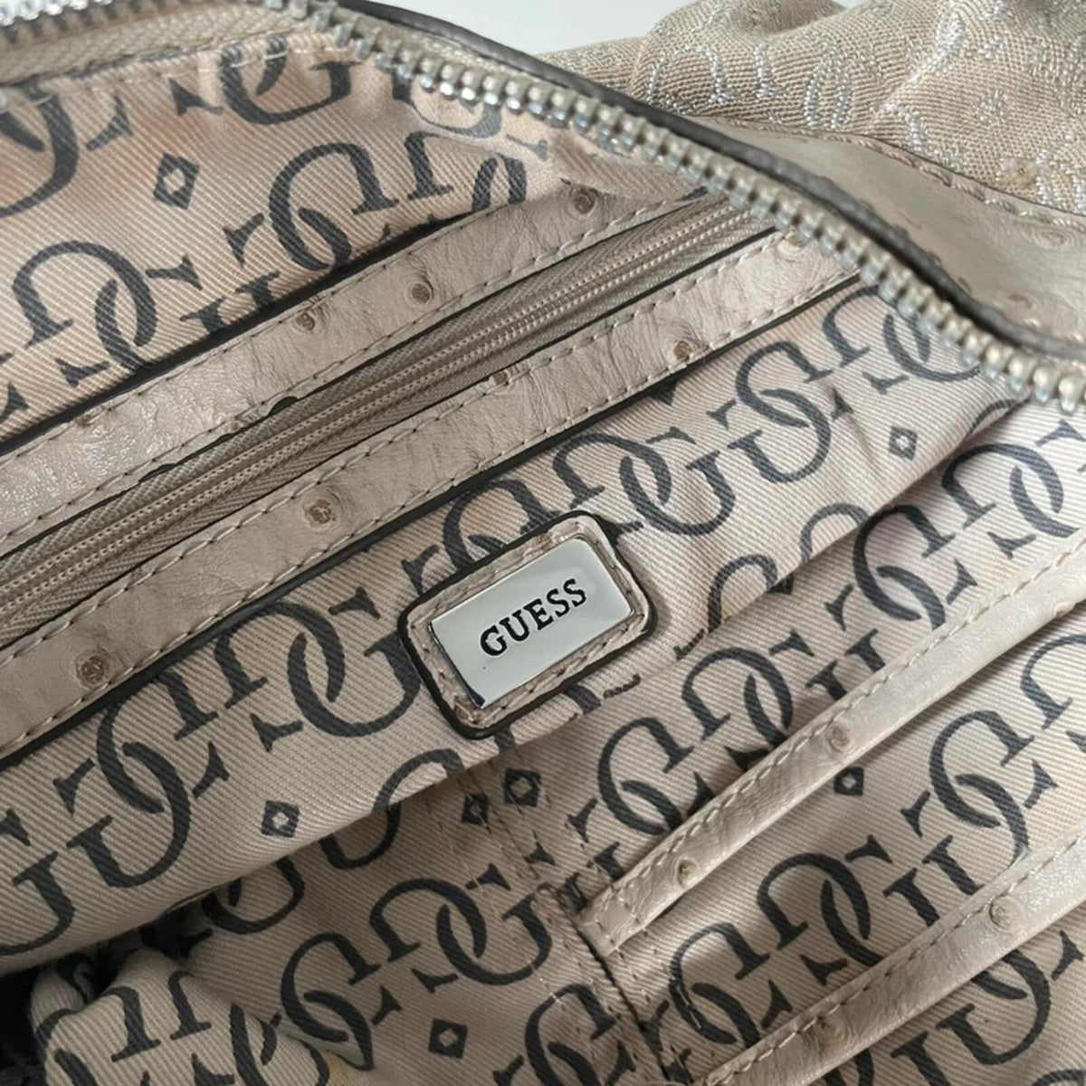 Guess Beige Monogram Hobo Shoulder Bag