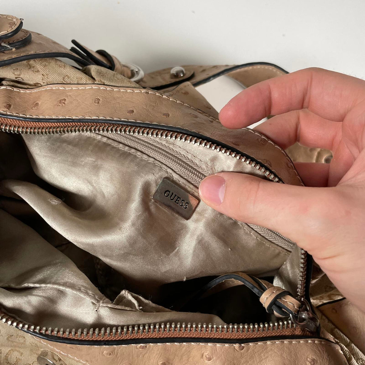 Guess Beige and Brown Monogram Slouch Hobo Shoulder Bag