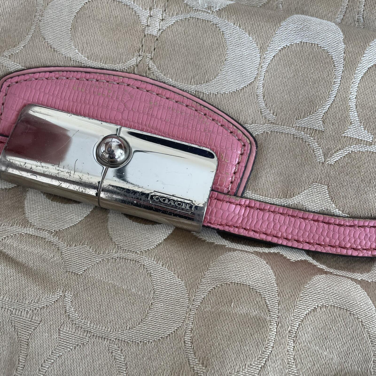 Coach Beige Signature Monogram Shoulder Bag with Pink Accents