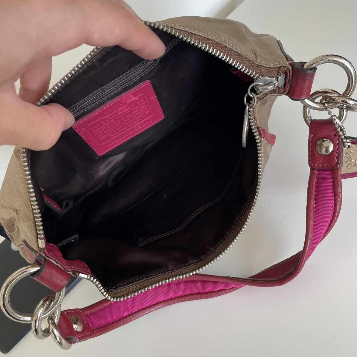 Coach Beige and Pink Poppy Signature Sateen Shoulder Bag K069-13141