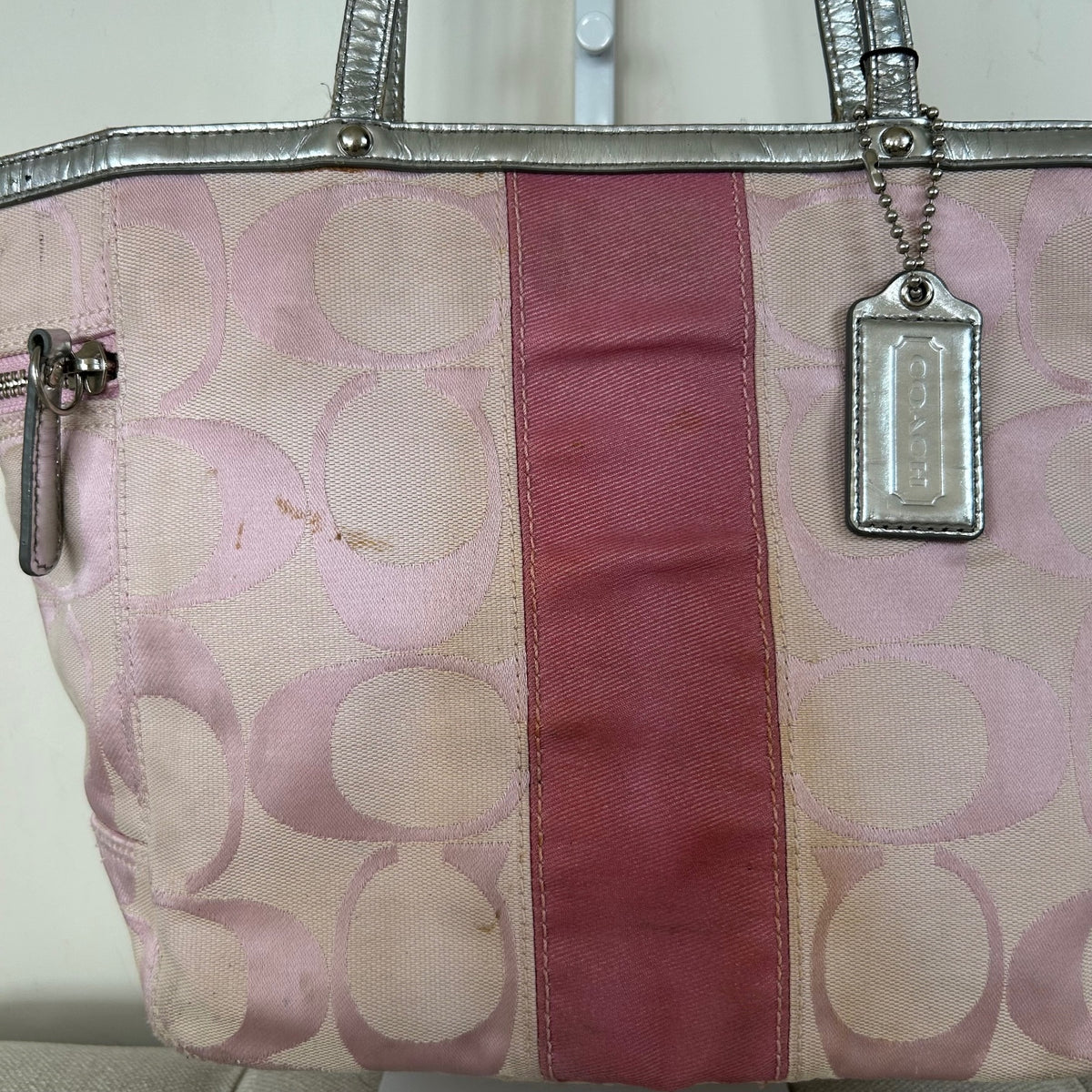 Coach Baby Pink Signature Stripe Canvas Tote Shoulder Bag L0849-13280