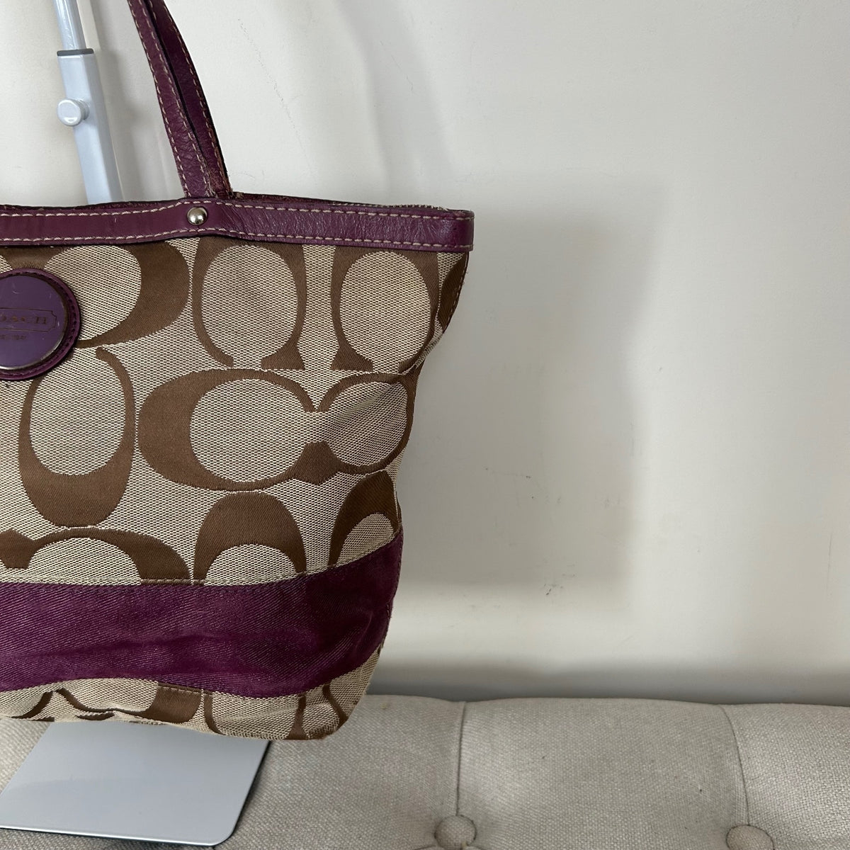 Coach Signature Monogram Purple Stripe Tote Shoulder Bag E1020-F15112