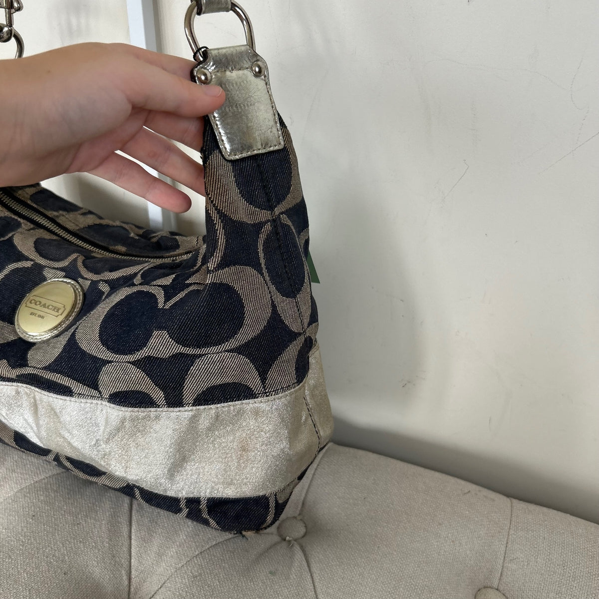 Coach Blue Denim Slouchy Hobo Shoulder Bag Silver Stripe E1176-F17434