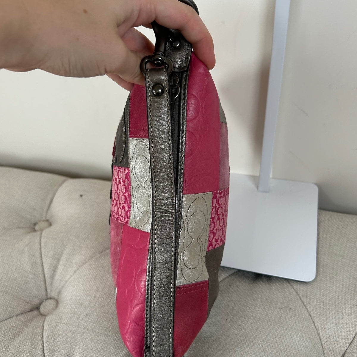 Rare Coach Pink Patchwork Mini Shoulder Bag Purse Pouch Silver Detail