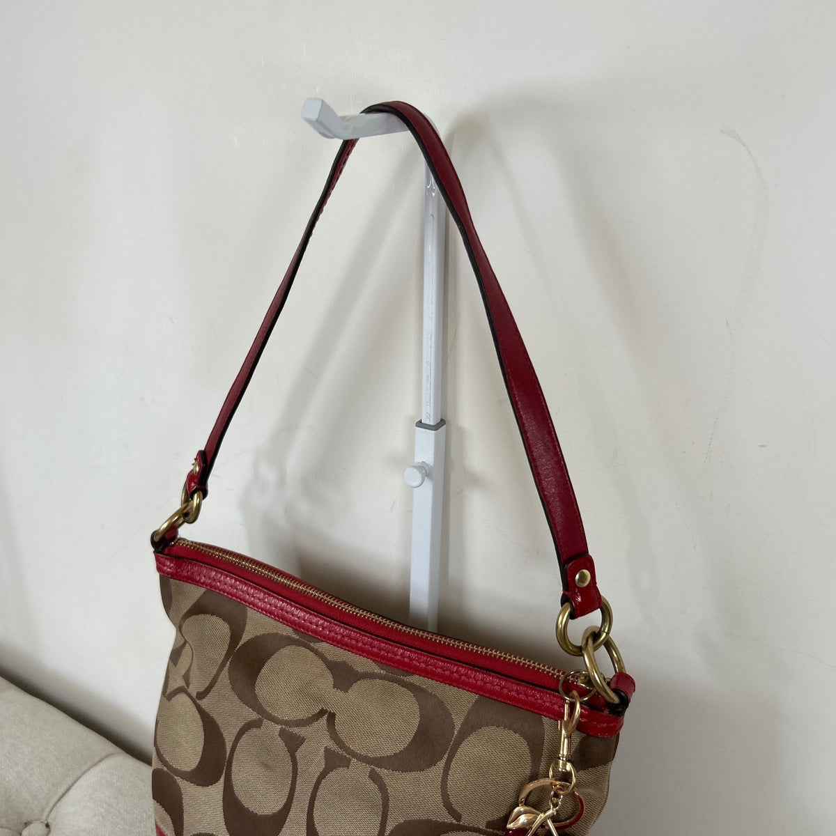 Coach Beige Signature Tote Shoulder Bag with Patent Red Stripe F0826-12825