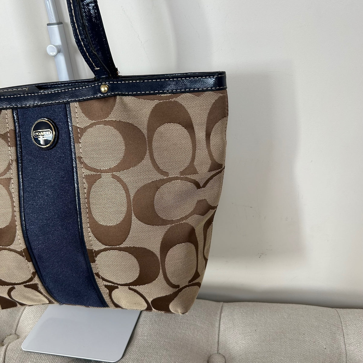 Coach Beige Signature Monogram Navy Stripe Tote Shoulder Bag E1320-F21950