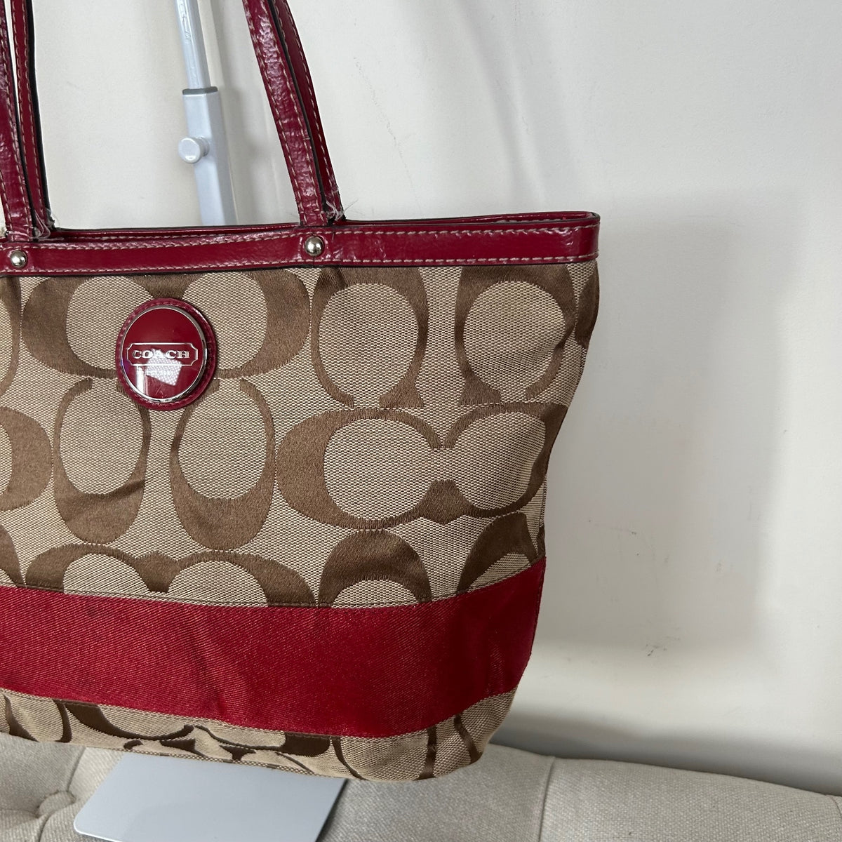 Coach Beige Signature Monogram Red Stripe Tote Shoulder Bag H1182-F17433