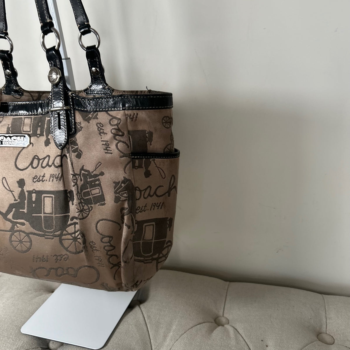 Coach Beige Brown Monogram Horse & Carriage Tote Shoulder Bag C1076-F15144