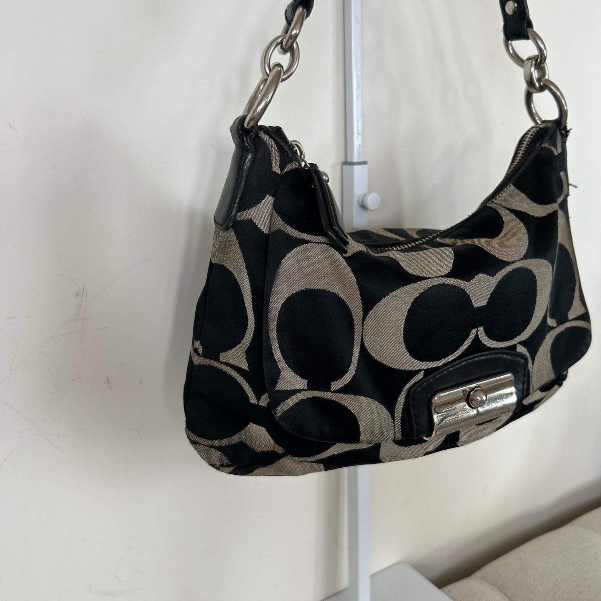 Coach Black Signature Monogram Mini Shoulder Bag Silver Clasp Front B1357-F22302