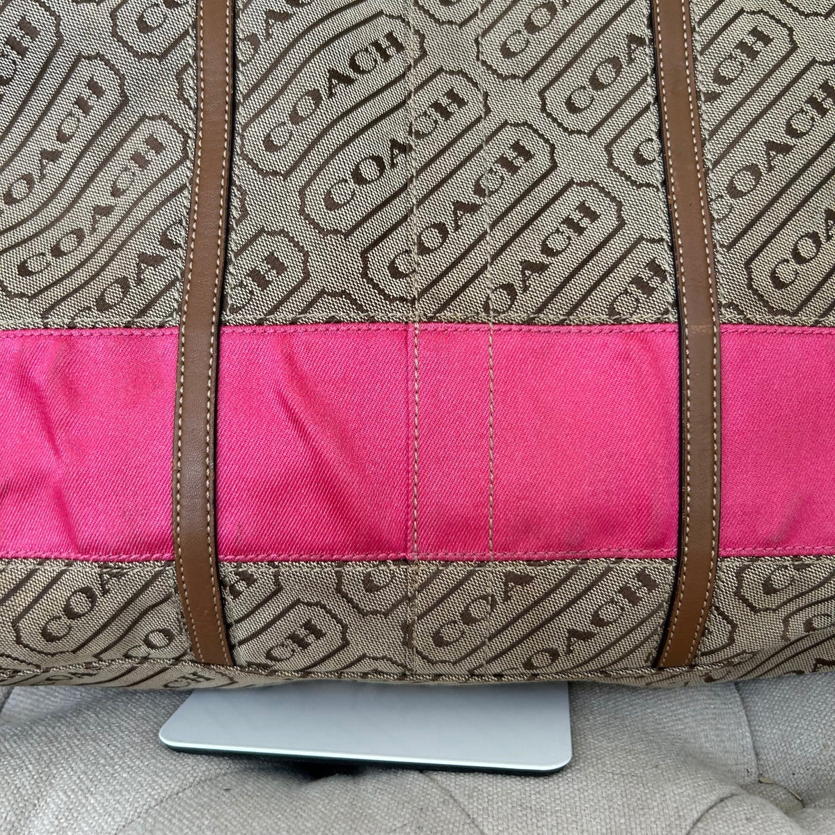 Coach Brown Pink Stripe Canvas Tote Shoulder Bag H0849-F12258