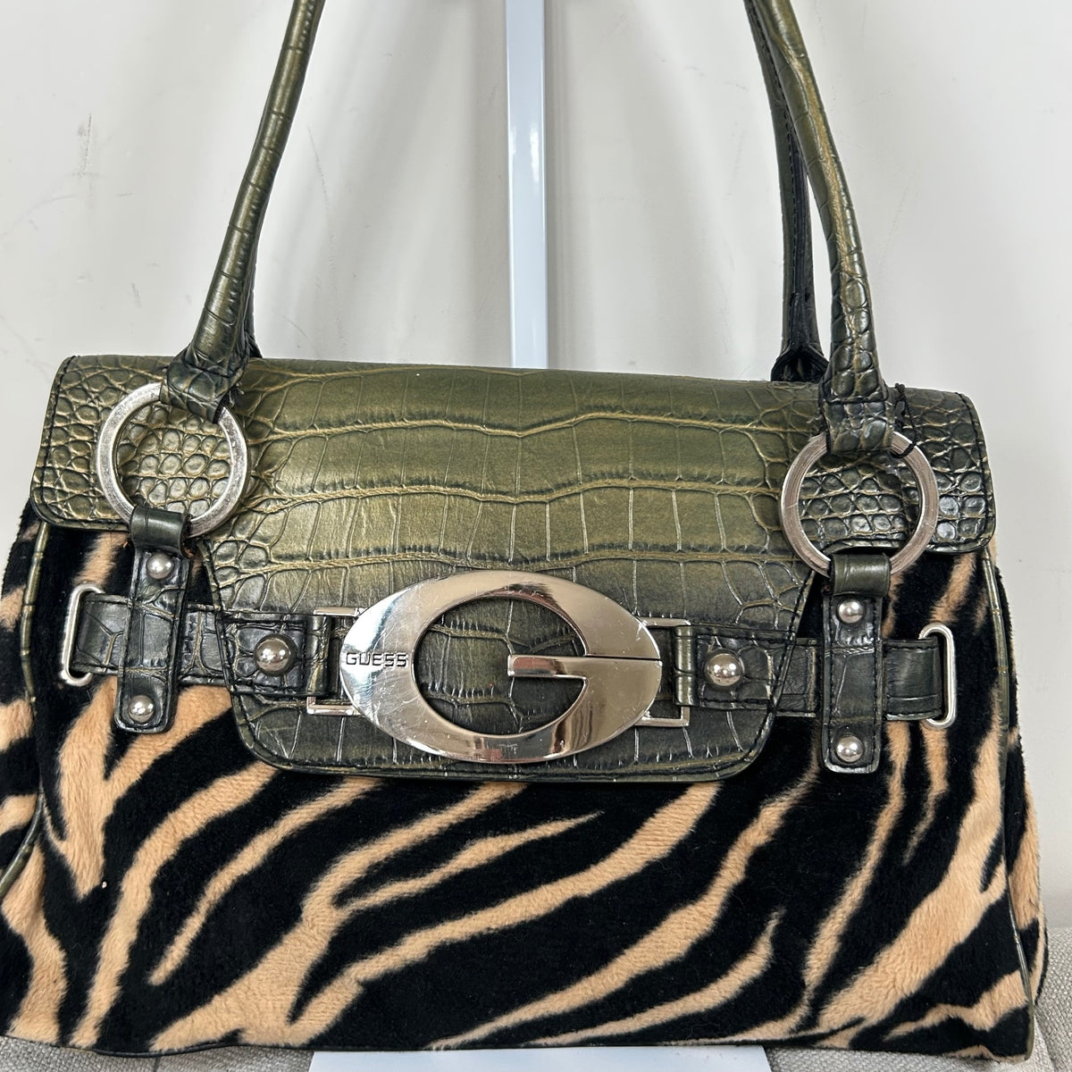 RARE Guess Tiger Print Fur and Green Snakeskin Handbag