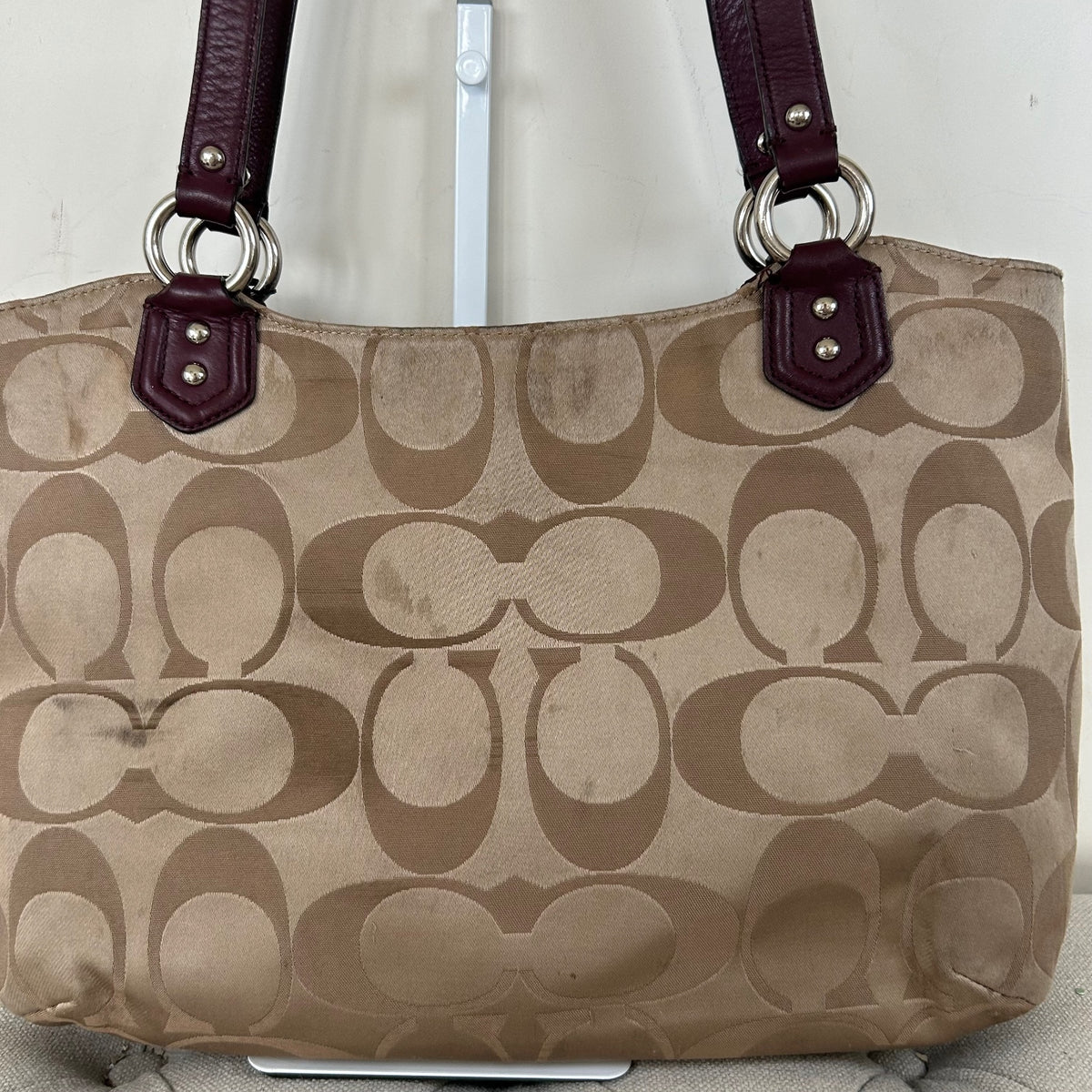Coach Beige Soho Tote Shoulder Bag with Burgundy Leather Trim J1382-F25294