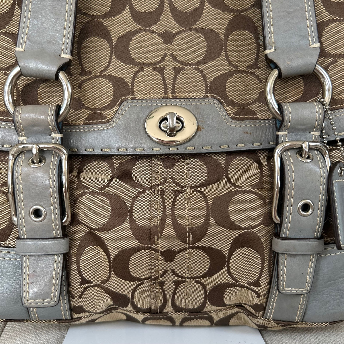 Coach Hampton Blue Leather Satchel Shoulder Bag with Brown Monogram M0726-11577