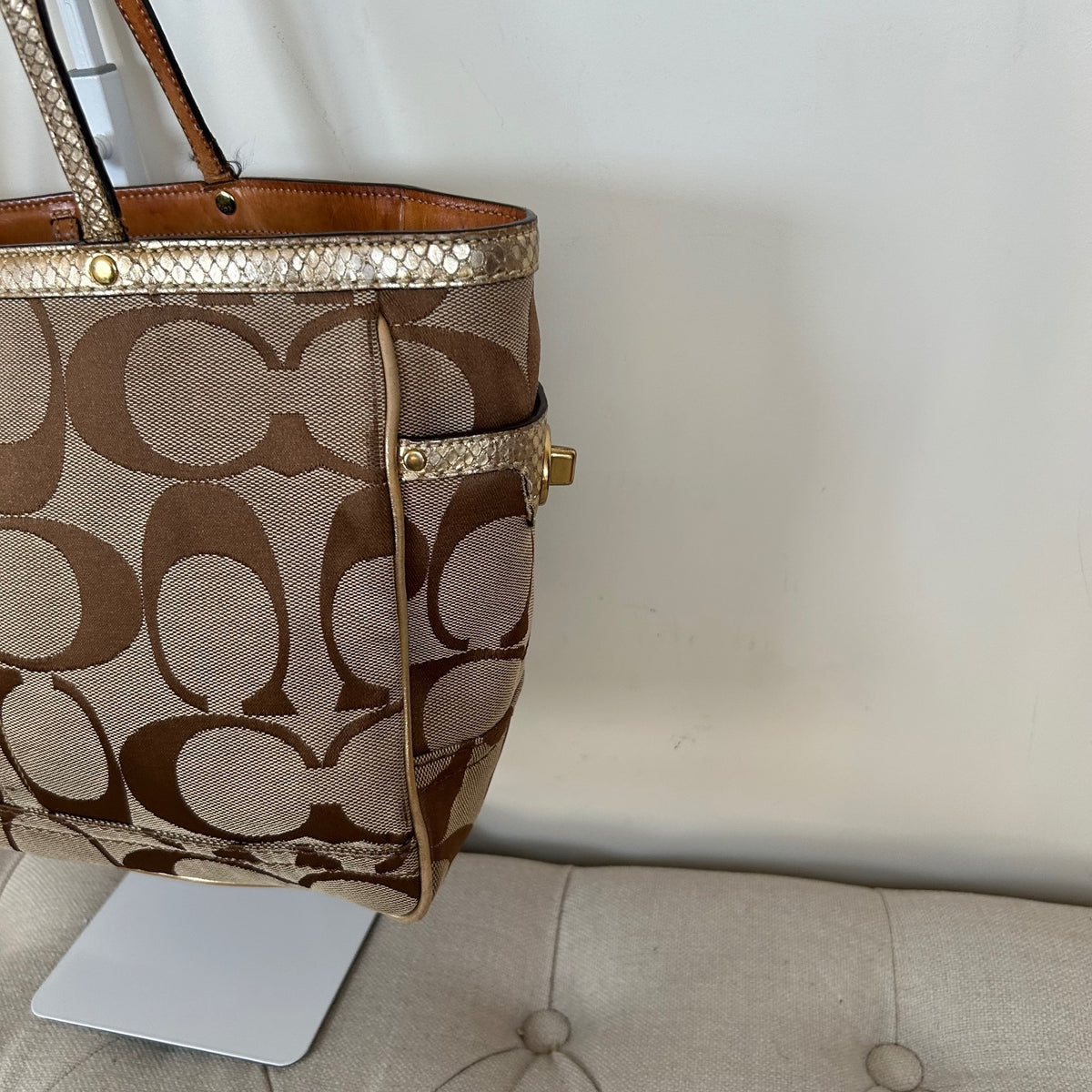 Coach Signature Monogram Gold Detail Tote Shoulder Bag A06S-7874