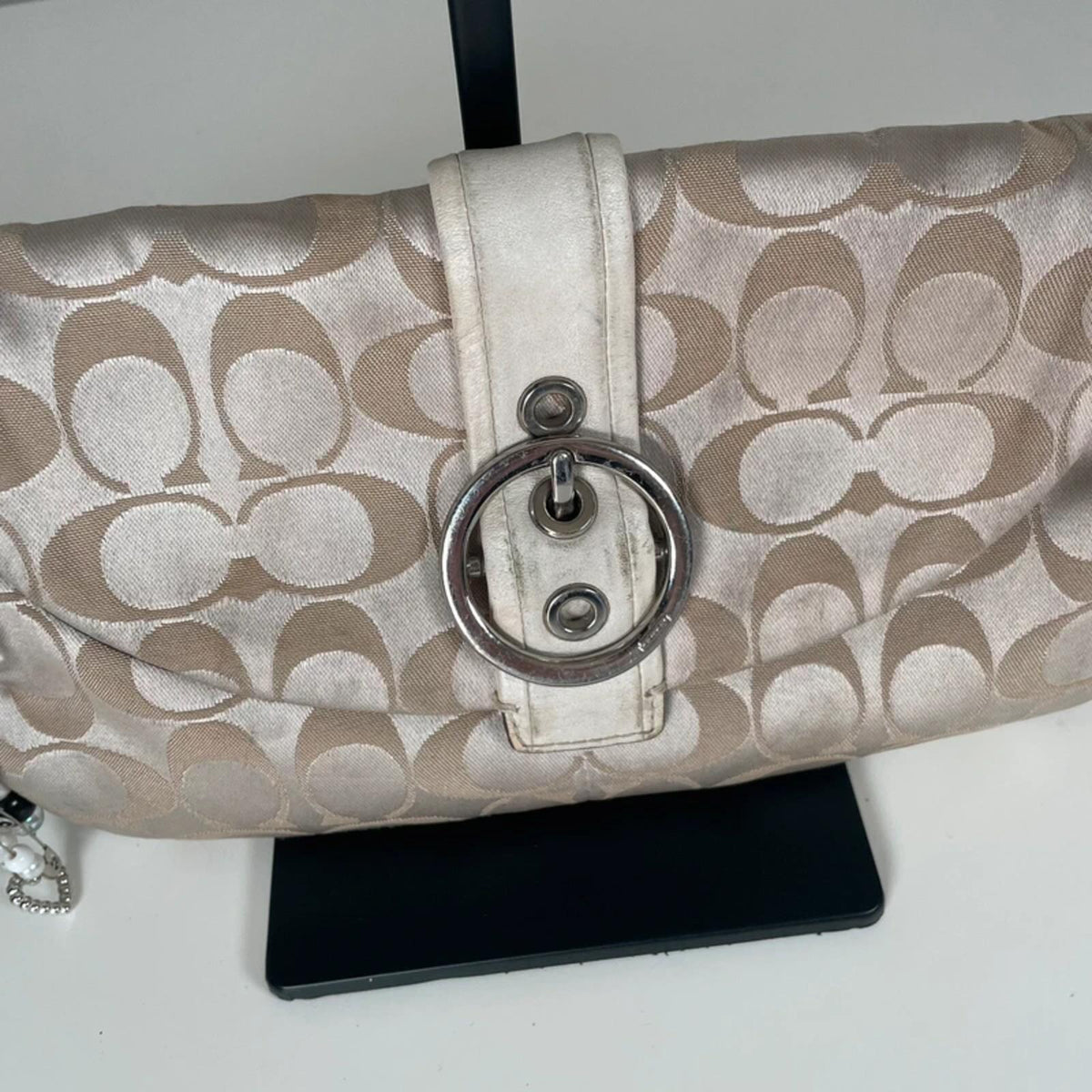 Coach Beige Monogram Wristlet Clutch Bag Y2K Mini Pouch