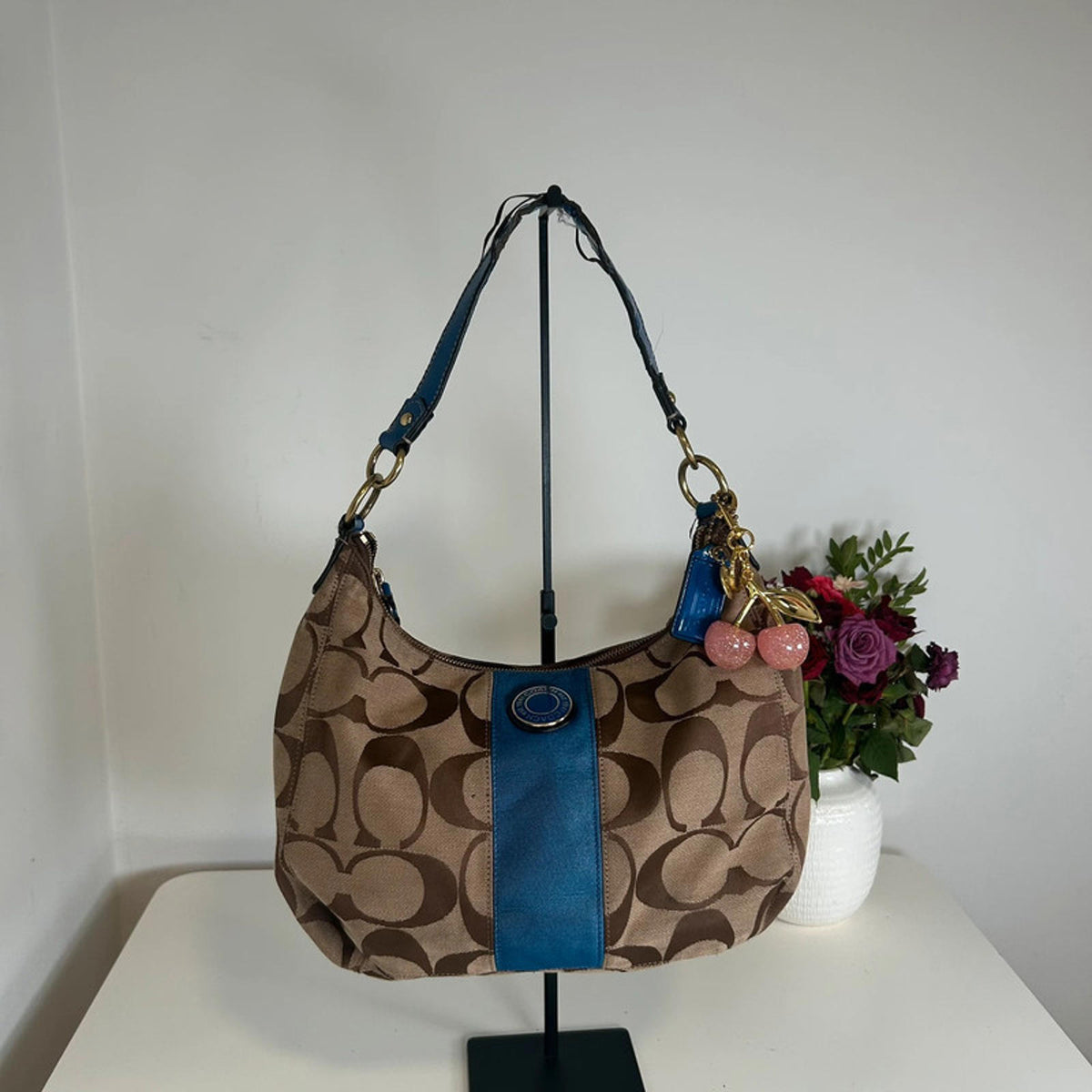 Coach Half Moon Hobo Beige Monogram Shoulder Bag With Blue Accent M1295-H19281