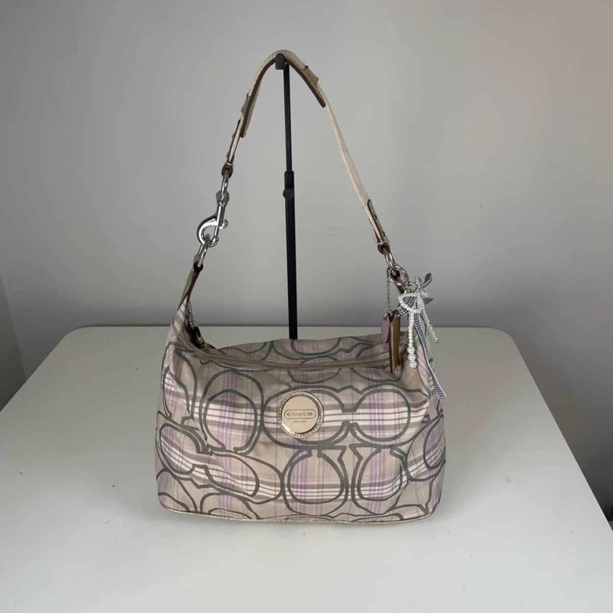 Coach Plaid Beige Purple Gold Hobo Shoulder Bag Heart Keychain K1161-F17209