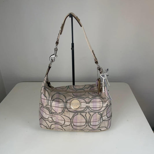 Coach Plaid Beige Purple Gold Hobo Shoulder Bag Heart Keychain K1161-F17209