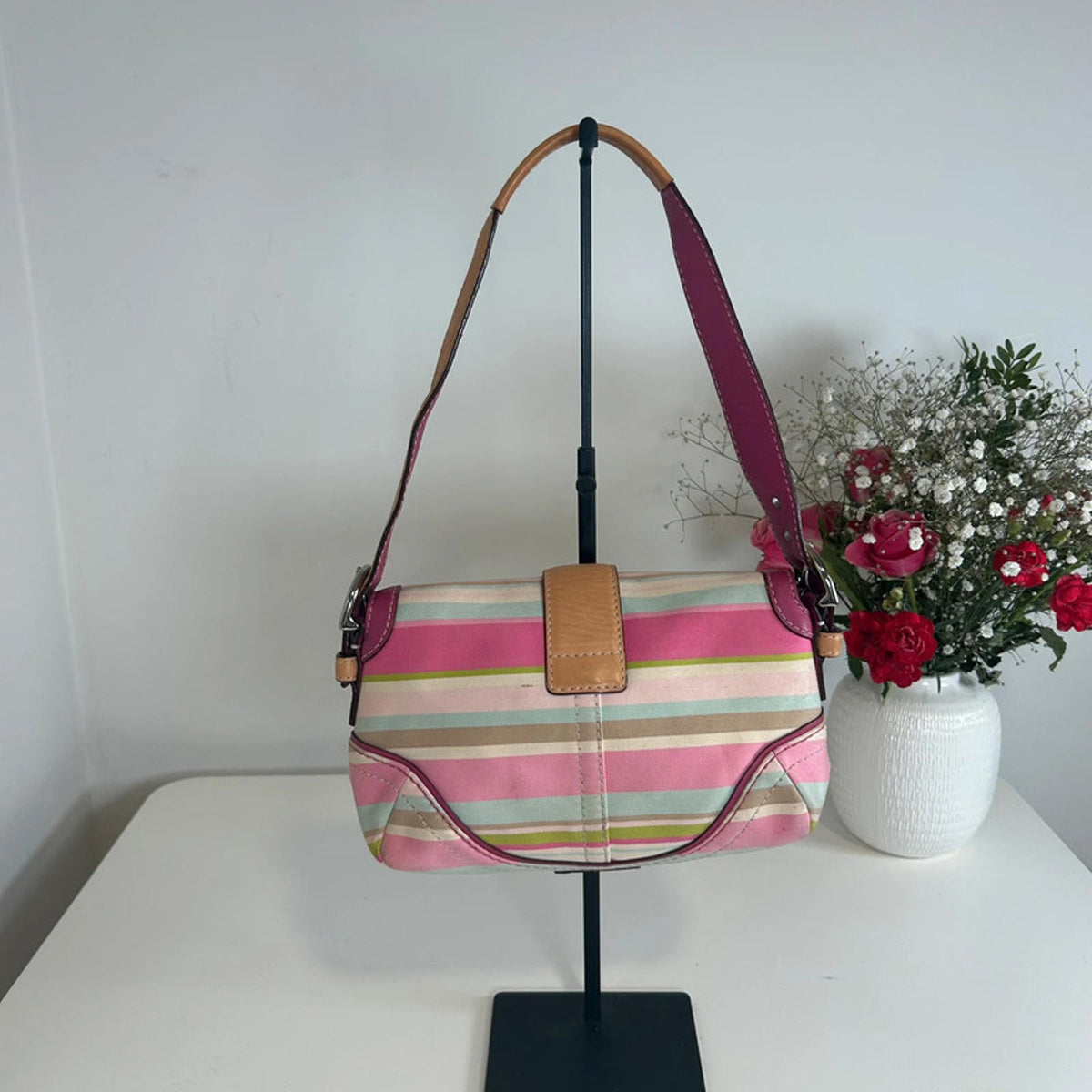 Rare Coach Pastel Stripe Soho Sateen & Leather Shoulder Bag L043-1887