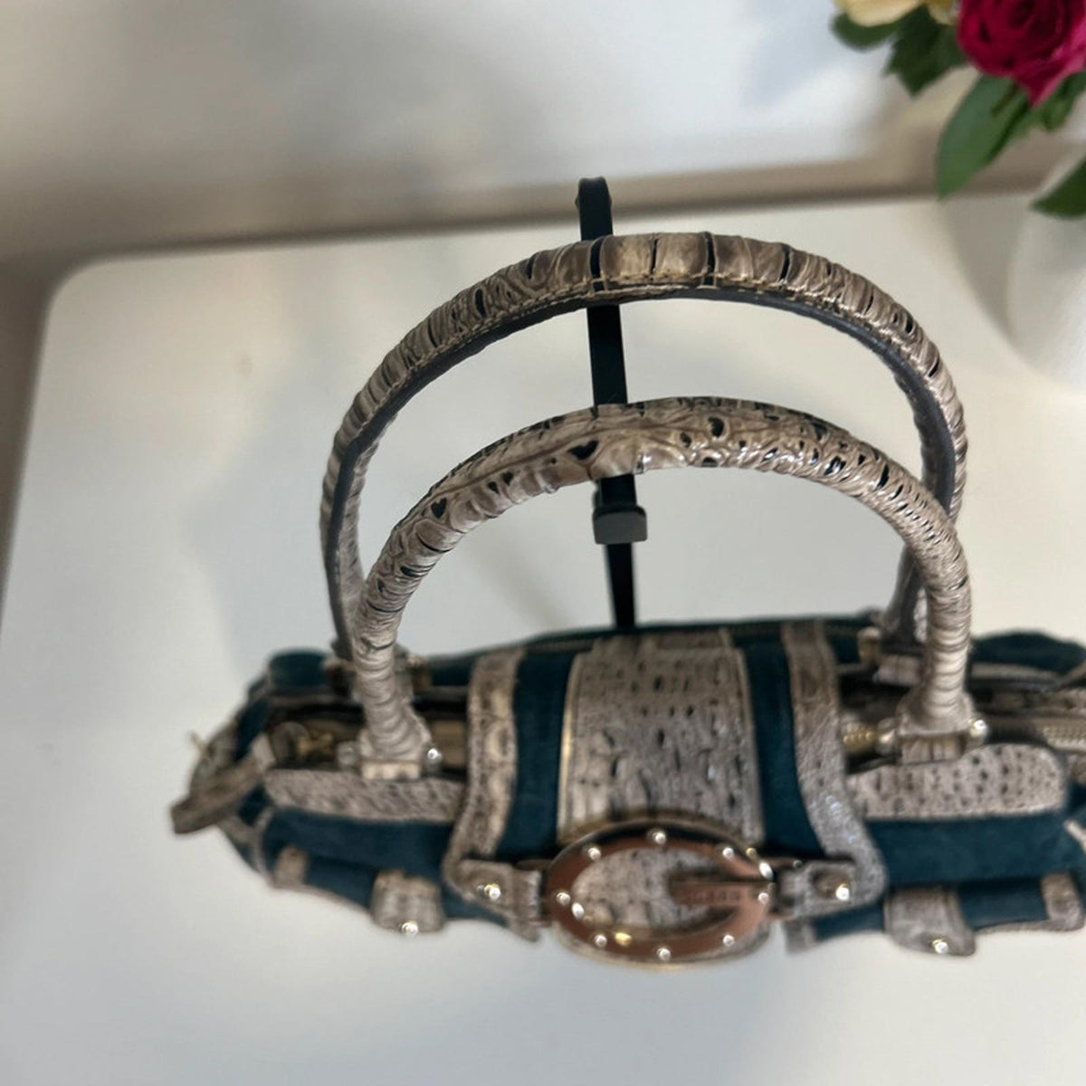 Rare Guess Denim Baguette Shoulder Bag Snake Print