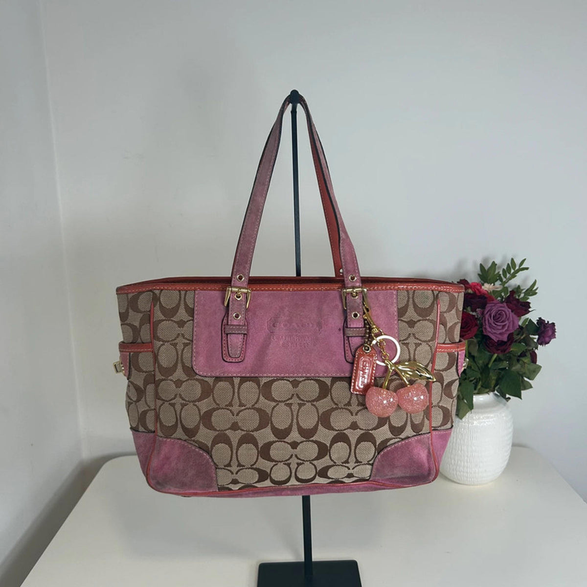 Coach Pink Suede and Monogram Tote Shoulder Bag K04Q-1443
