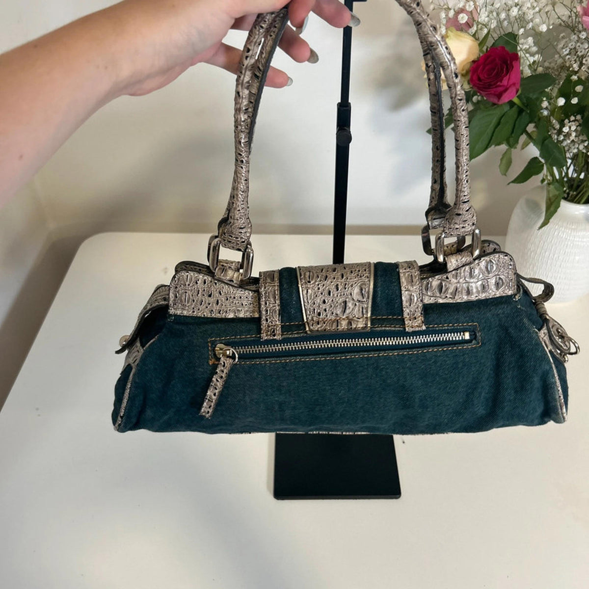 Rare Guess Denim Baguette Shoulder Bag Snake Print