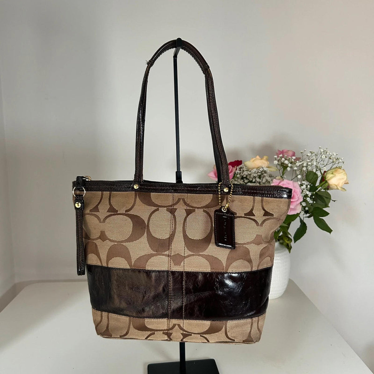 Coach Brown Monogram and Leather Stripe Handbag G0868-12429