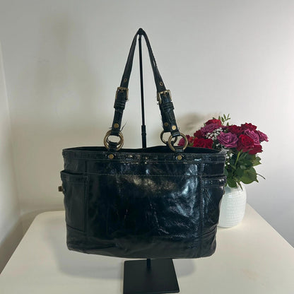 Coach Gallery Tote Bag Black Patent Leather Laced Gold Hardware G0773-11500
