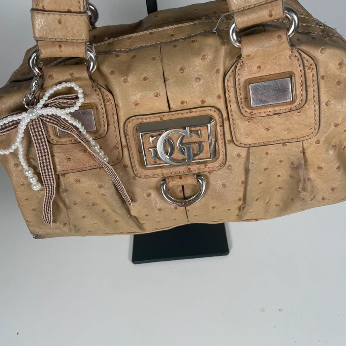 Y2K Vintage Guess Tan Leather Shoulder Handbag Silver Hardware