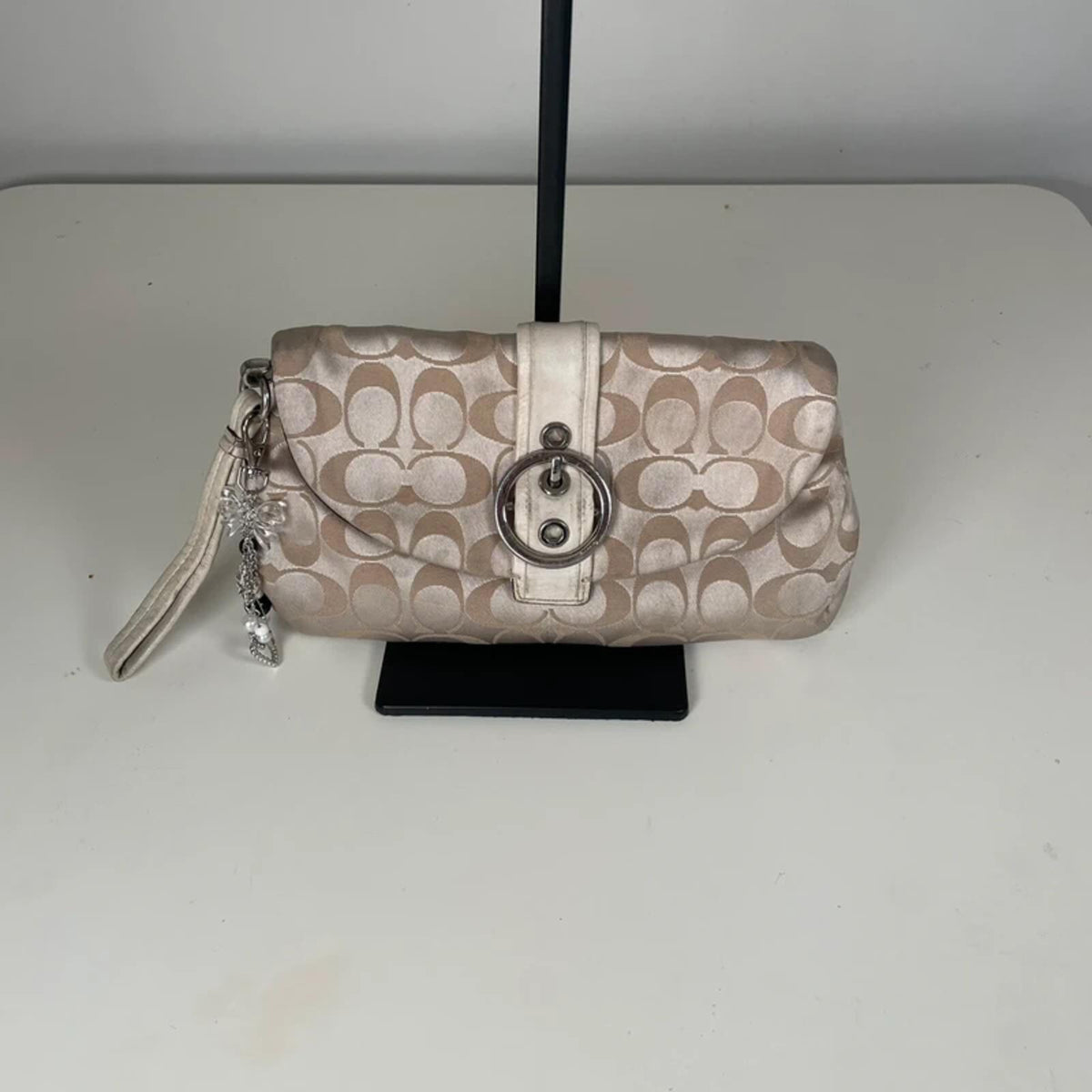 Coach Beige Monogram Wristlet Clutch Bag Y2K Mini Pouch