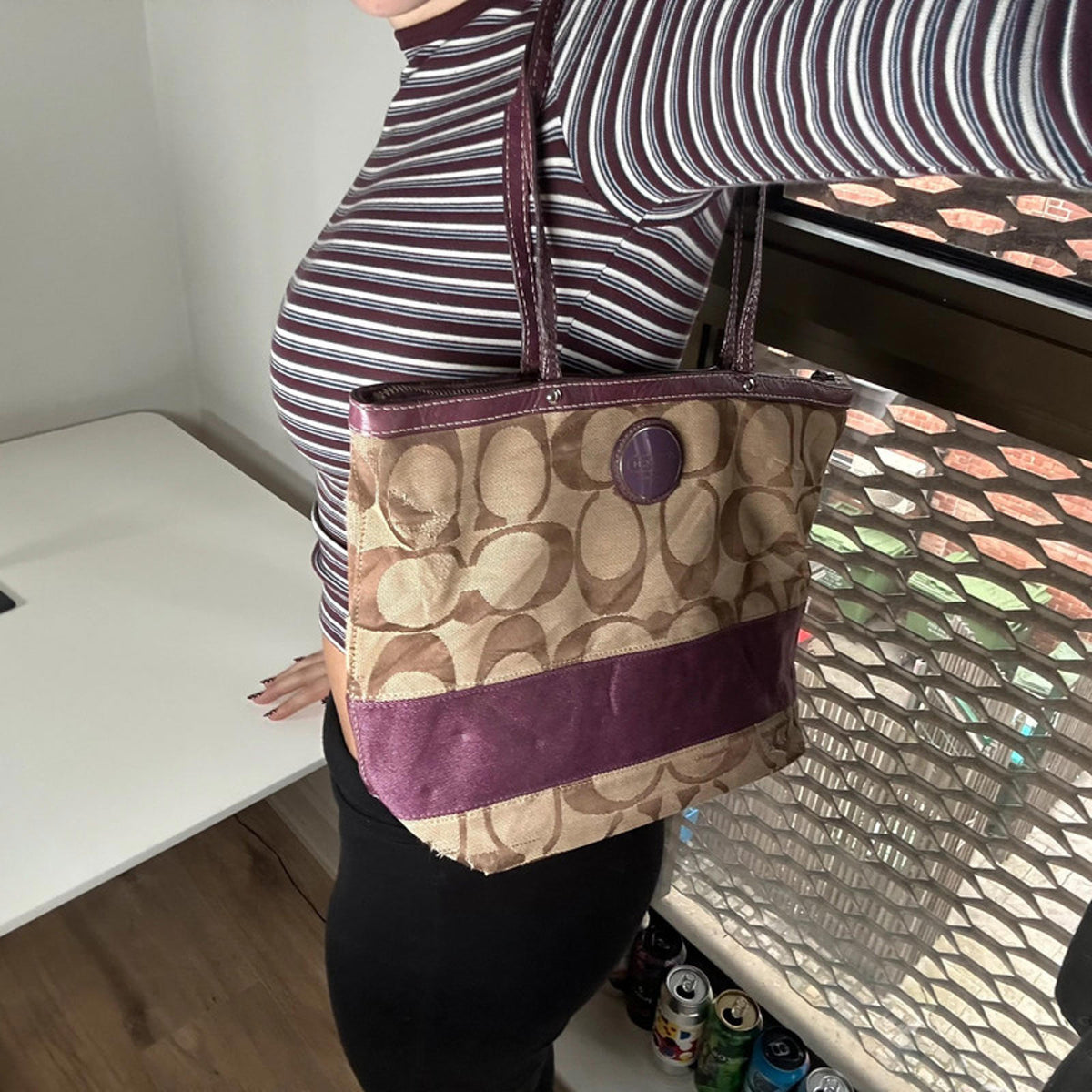 Coach Plum Signature Stripe Tote Shoulder Bag H1020-F14112