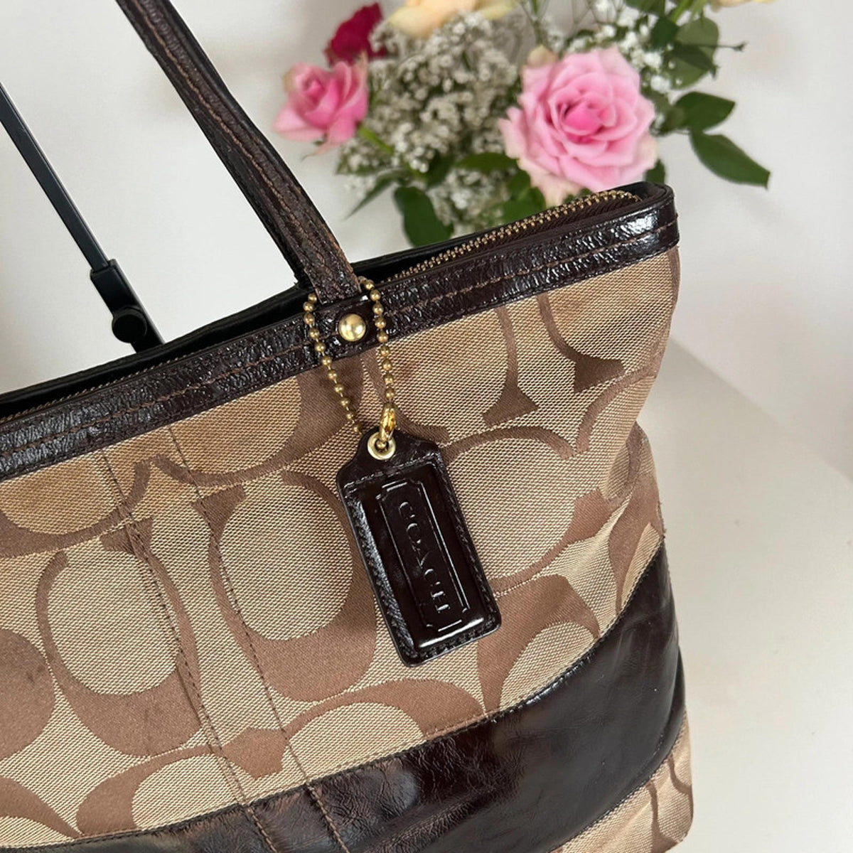 Coach Brown Monogram and Leather Stripe Handbag G0868-12429