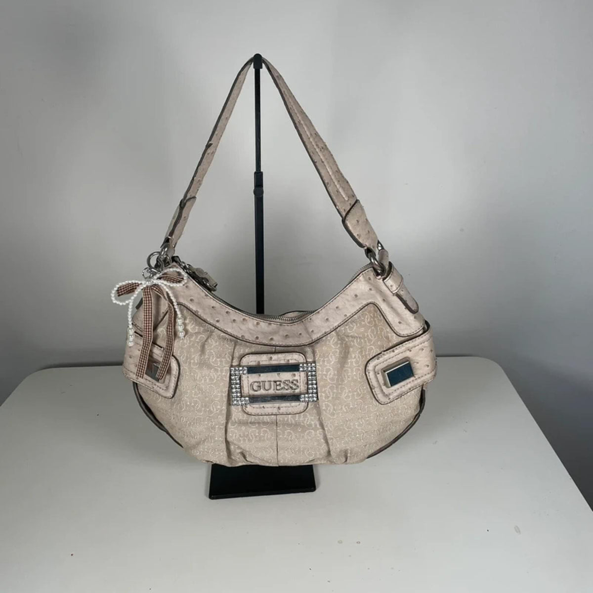 Guess Beige Monogram Hobo Shoulder Bag
