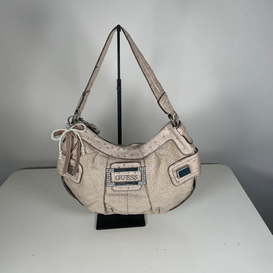 Guess Beige Monogram Hobo Shoulder Bag