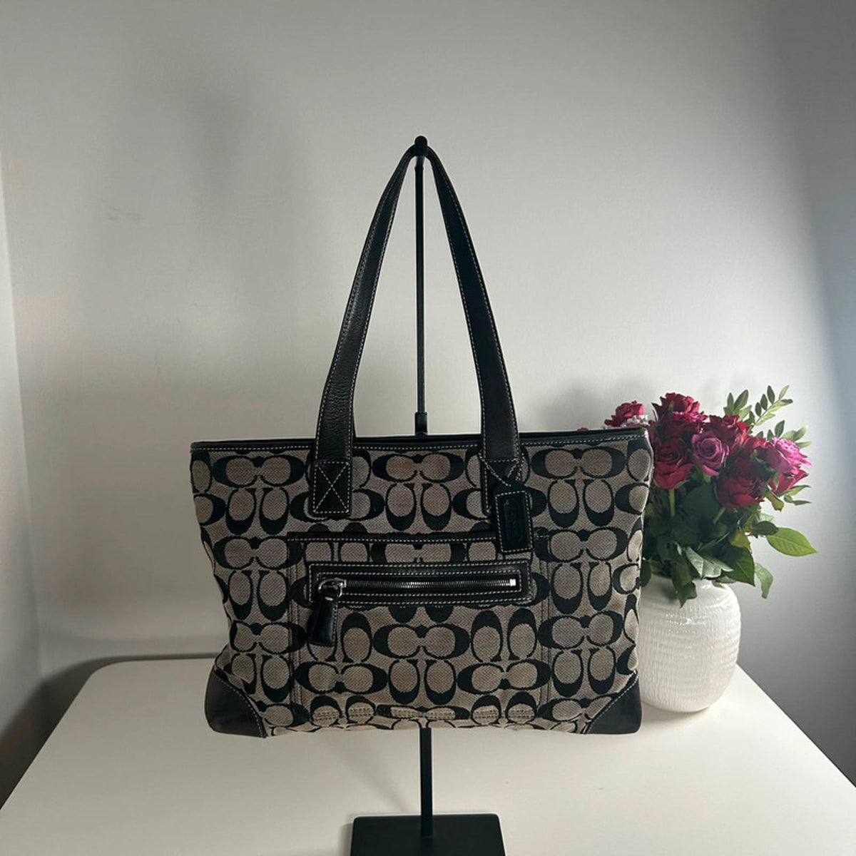 Coach Black Monogram and Leather Trim Shoulder Bag M1J-6082