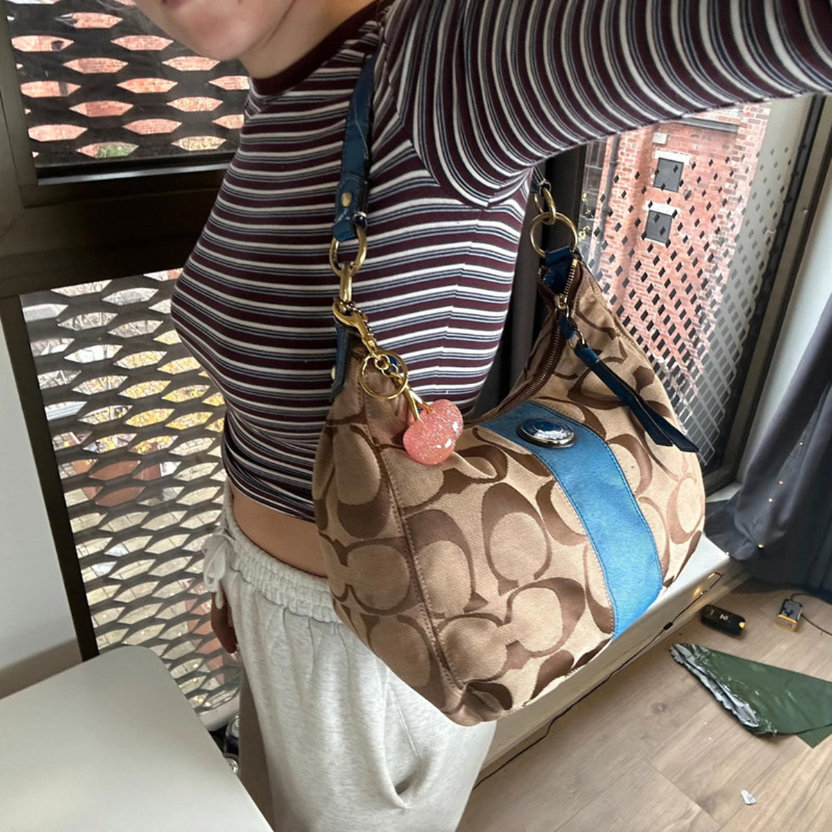 Coach Half Moon Hobo Beige Monogram Shoulder Bag With Blue Accent M1295-H19281