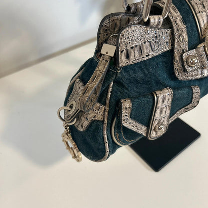 Rare Guess Denim Baguette Shoulder Bag Snake Print
