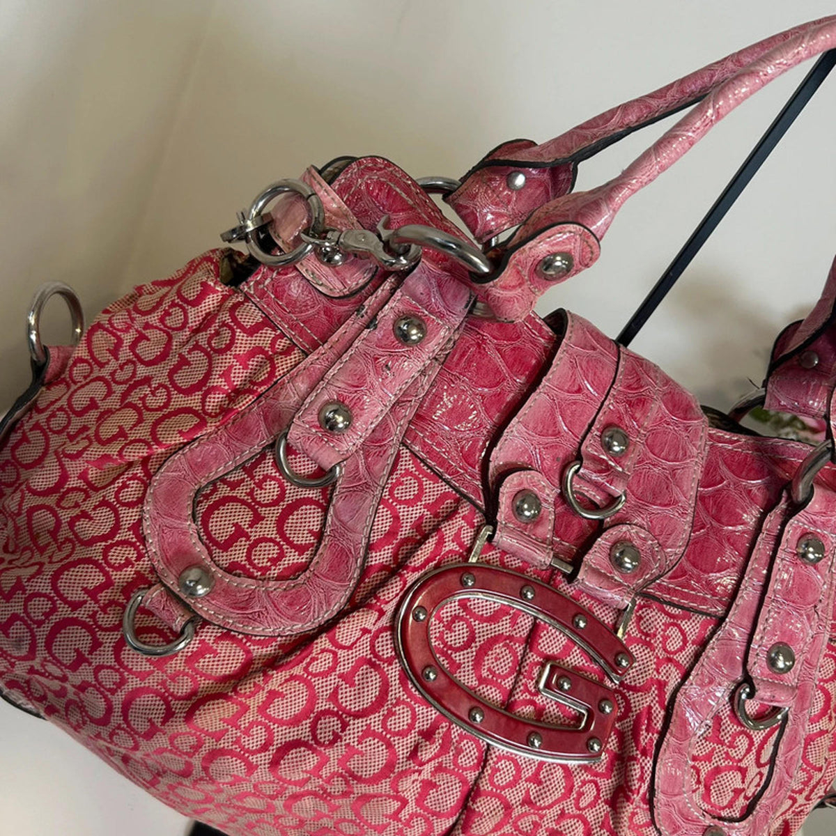 Guess Pink Shoulder Bag Snakeskin with Silver Chain Detail
