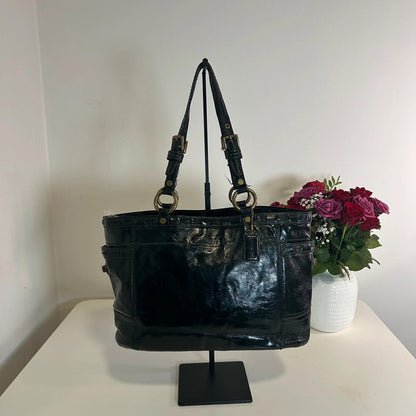 Coach Gallery Tote Bag Black Patent Leather Laced Gold Hardware G0773-11500