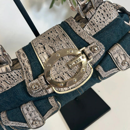 Rare Guess Denim Baguette Shoulder Bag Snake Print