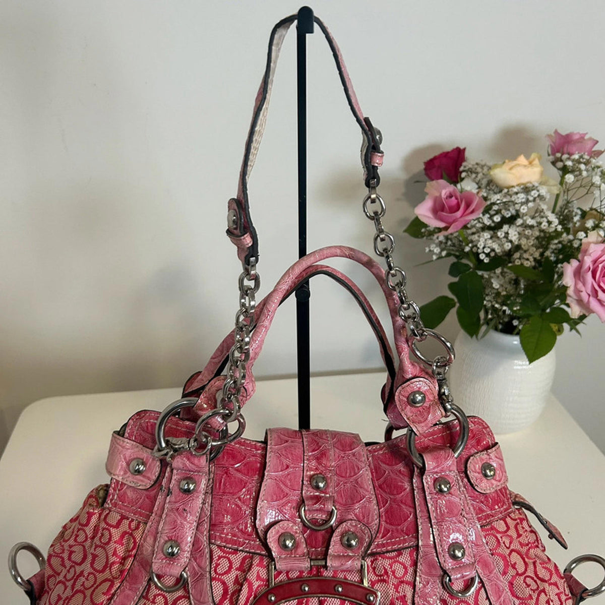 Guess Pink Shoulder Bag Snakeskin with Silver Chain Detail