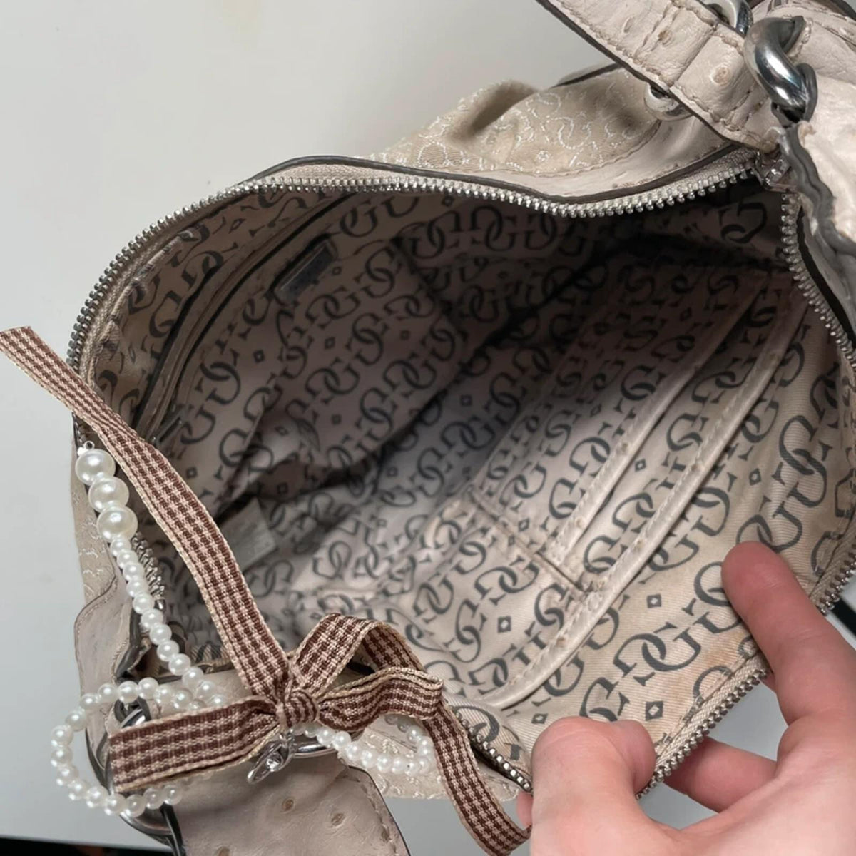 Guess Beige Monogram Hobo Shoulder Bag