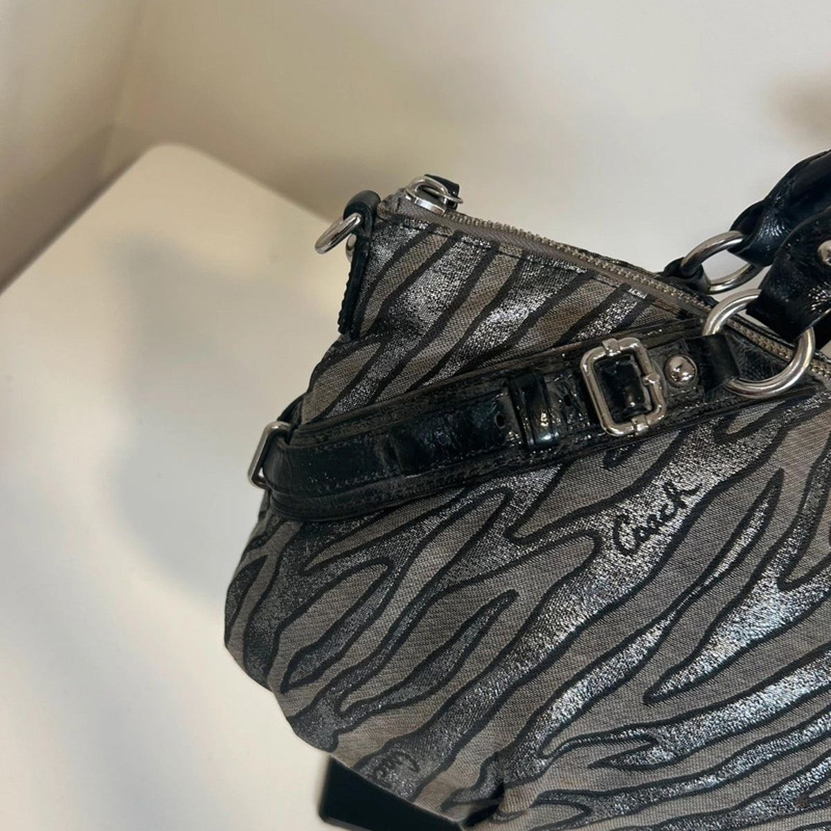 Rare Vintage Y2K Coach Sophia Gallery Bag Silver Zebra Print Lurex Jacquard G1082-16925