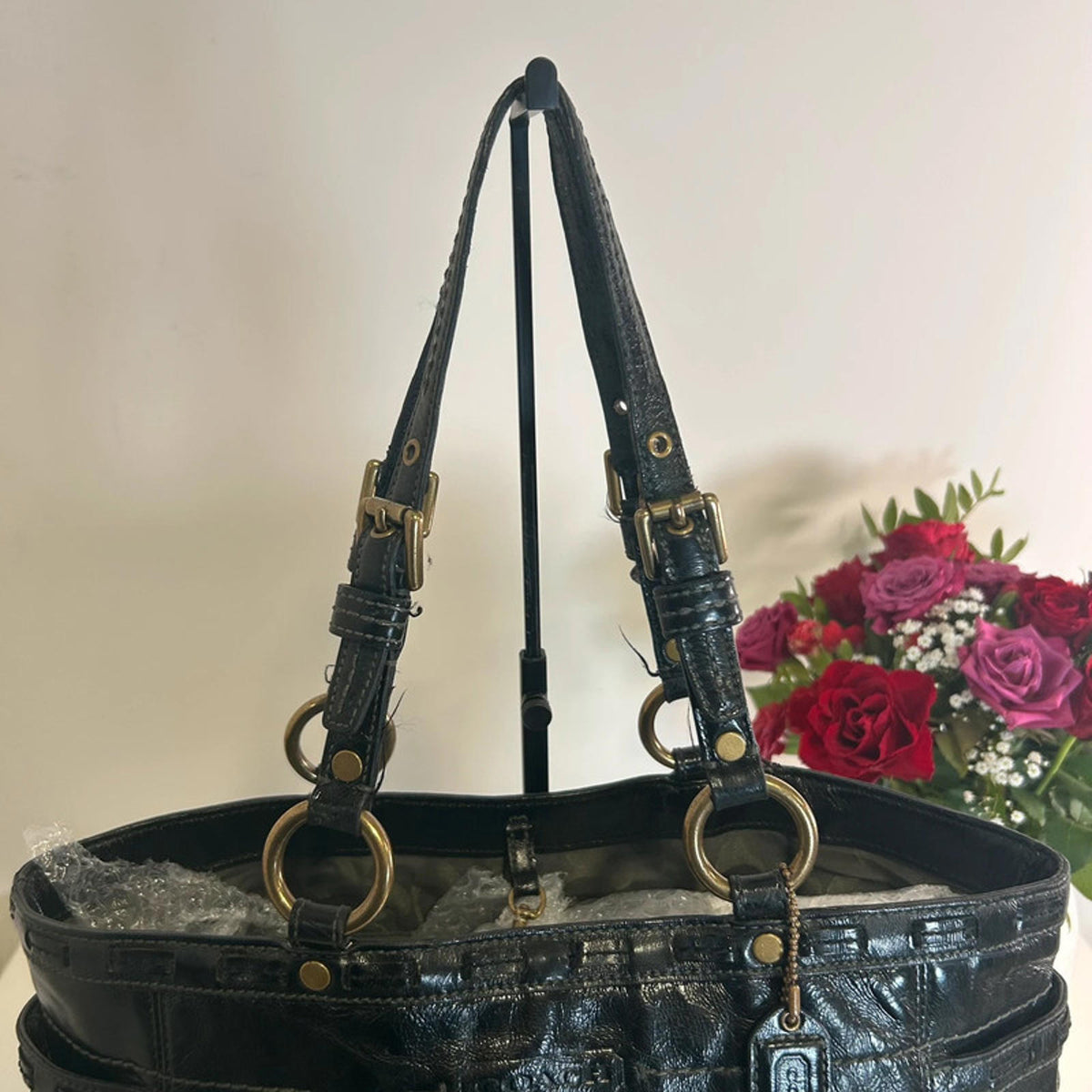 Coach Gallery Tote Bag Black Patent Leather Laced Gold Hardware G0773-11500