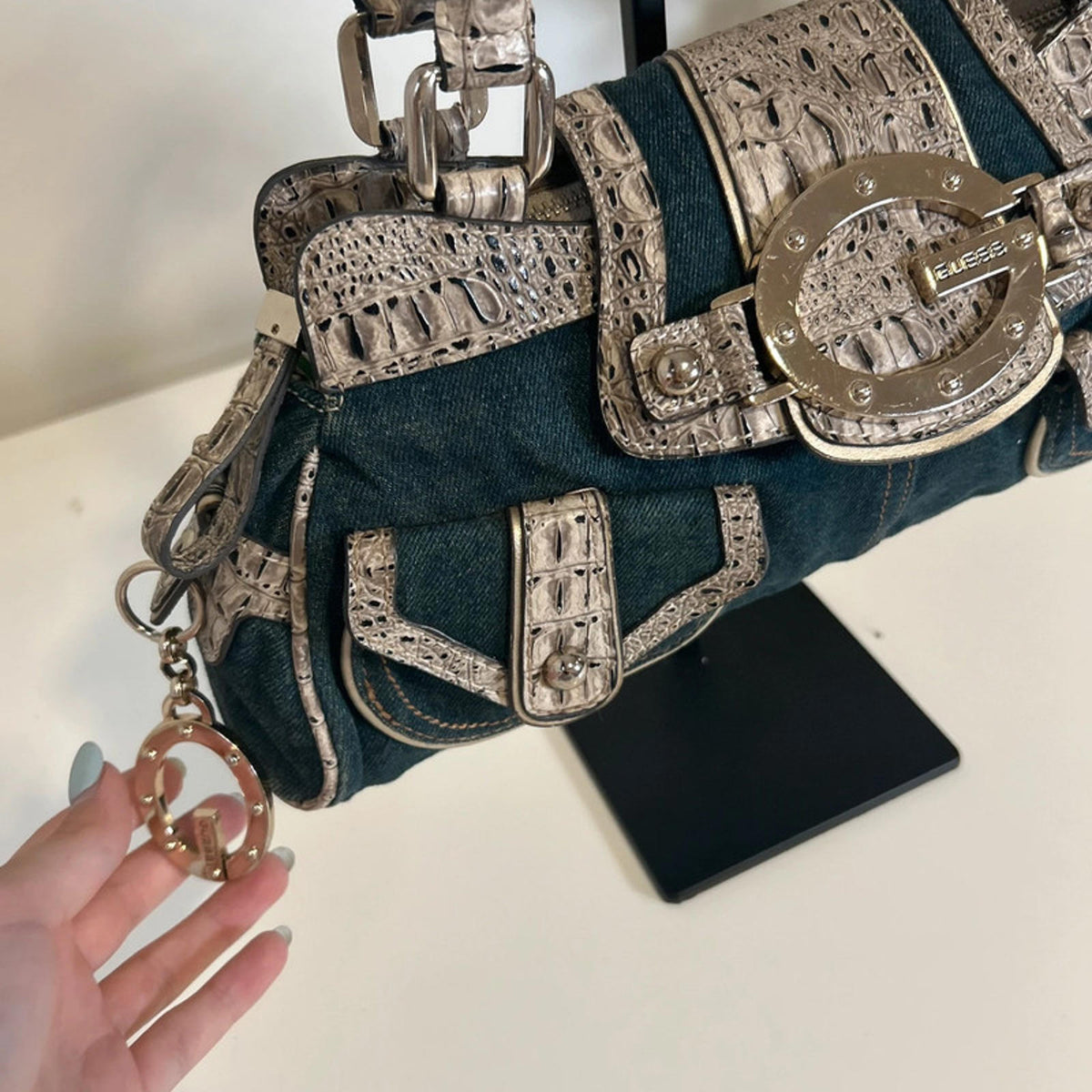Rare Guess Denim Baguette Shoulder Bag Snake Print