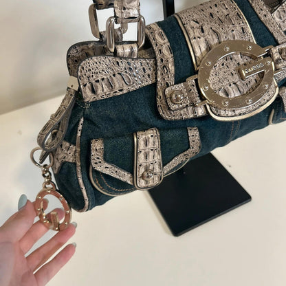 Rare Guess Denim Baguette Shoulder Bag Snake Print