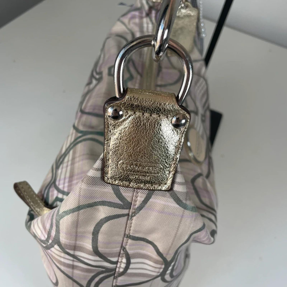 Coach Plaid Beige Purple Gold Hobo Shoulder Bag Heart Keychain K1161-F17209