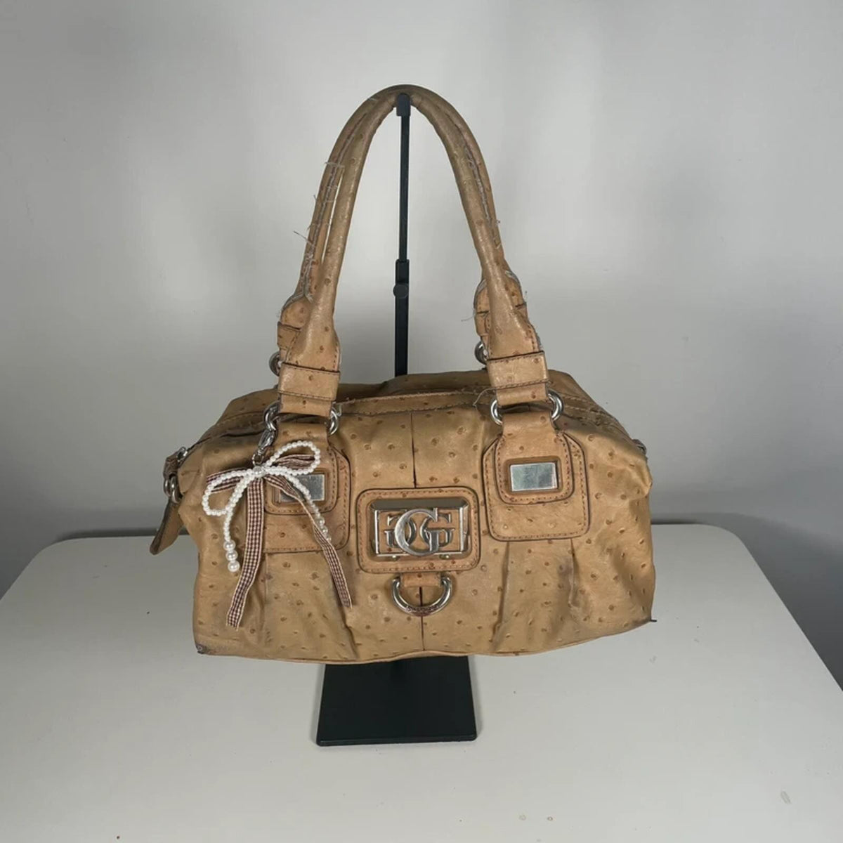 Y2K Vintage Guess Tan Leather Shoulder Handbag Silver Hardware
